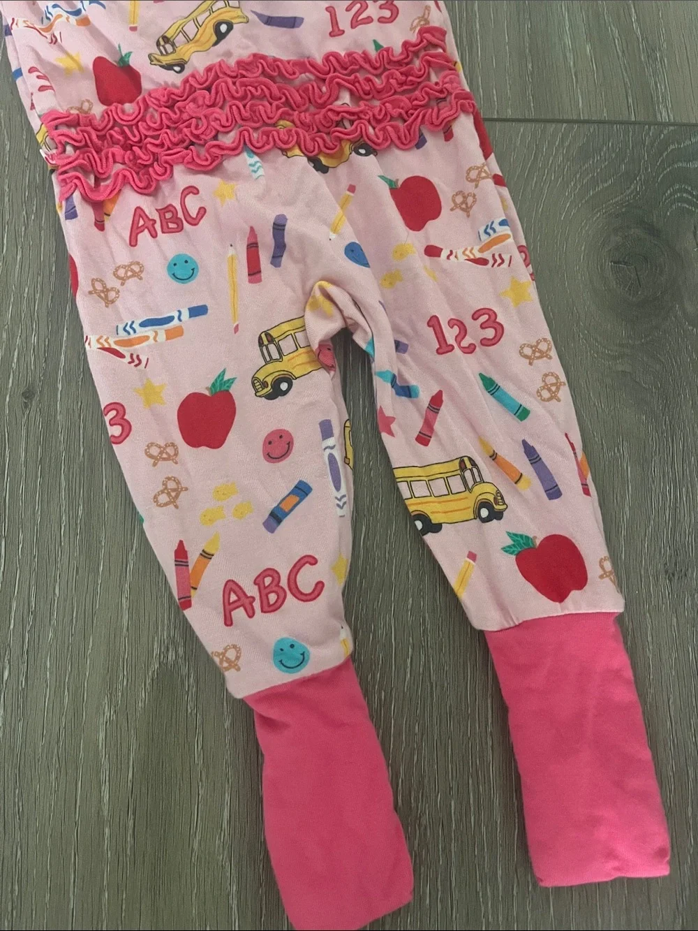 RuffleButts Pink School convertible ruffle one-piece pajama size 0-3 months